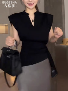 French Elegant Black V-neck Waist-cinching Shirt Women Summer 2025 New Style Fleece Sleeve Tie Slimming Trendy Blouse