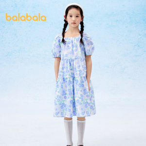 Balabala Girls Children Dress 2024 New Summer Dress Big Children Denim Sweet Puffed Sleeves