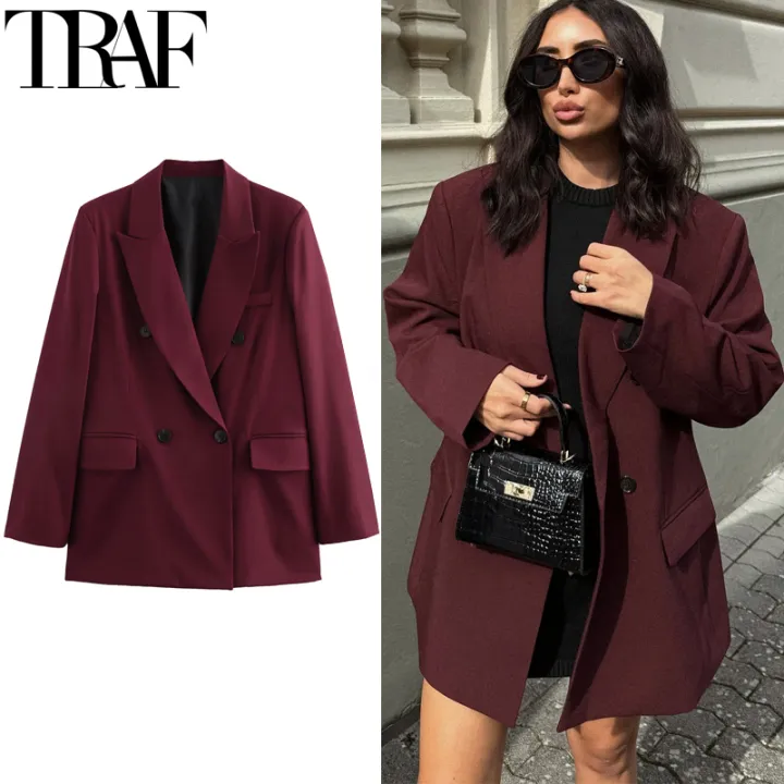 TRAF Women's Blazer Outerwears Office Wear Women Suit Jacket Autumn Long Sleeve Burgundy Blazers Formal Woman Minimalist Blazer