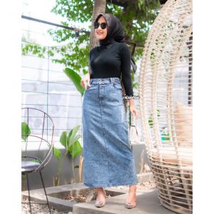 Rok Jeans Span Theana Rok Strech Pinggang Karet Bisa Diatur