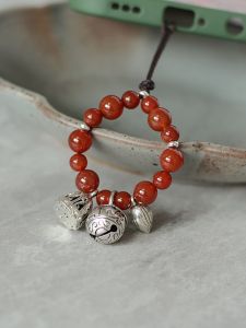 Short Crystal Bell Lotus Pod Red Agate Ethnic Style Mobile Phone Lanyard Pendant Versatile Alloy Material Universal Fit