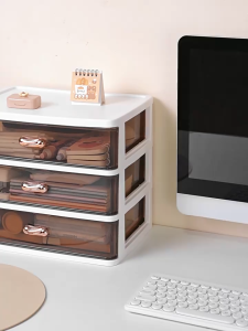 Drawer Desktop Organizer Box – Big 34cm Office Stationery Storage Rack with Gold Handles Makeup & Cosmetic Cabinet Rak Penyimpanan Laci