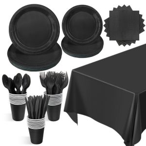 Solid Black Theme Cutlery Birthday Party Paper Disposable Tableware Paper Napkins Cups Plates Tablecloth Fork spoon Party Decor
