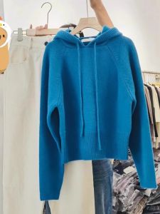 Retro Blue Hooded Knitted Sweater Womens Winter New Style Age-Defying High-End Feeling Drawstring Knitwear Casual Commute