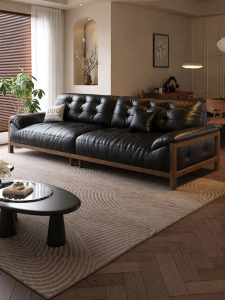 Vintage Dark Black Leather Sofa North American Black Walnut Wood