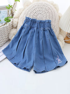 กระโปรงครึ่งท่อนสำหรับเด็กผู้หญิงกางเกงกระโปรงเด็กผู้หญิงแบบใหม่สไตล์ตะวันตกกระโปรงยีนส์ผ้าเทนเซลสำหรับเด็กวัยกลางและวัยโตกระโปรงจีบรอบกระโปรงสั้นแบบบางสำหรับเด็ก