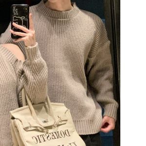 Couples Matching Shoulder-Bared Knitted Sweater Dress Mens Overhead round Neck High-Quality Warm Winter Outerwear Top
