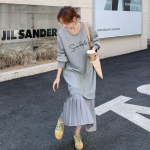 Grey Patchwork Sweatshirt Dress Womens Loose Fit Casual Style Long Dress Autumn New Korean Style Print Loose Waist Polyester Fiber