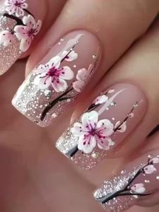 Short Medium fake nails pink peach flowers with sparkling glitters for Spring summer Square almond tips press on false nail art