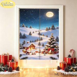 VIKAMA Christmas Green Plaid Gift Bow Door Curtain White Ribbon Present Box Shape Minimalist Holiday Linen Noren Bedroom Kitchen