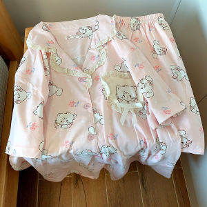 Mikko Pajamas Summer Womens Thin Pure Cotton Short sleeve Shorts Summer Trousers Three-Piece Cute Cartoon Set