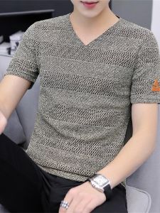 Áo Thun Nam Tay Ngắn Mùa Hè 2025 Bằng Lụa Băng Rỗng Mới Áo Thun Dệt Kim Lưới Cổ Chữ V Mỏng Thời Trang Áo Thun Thường Ngày