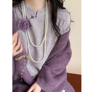 สร้อยคอรูปดอกกุหลาบสีม่วง เครื่องประดับแฟชั่นสำหรับผู้หญิง โซ่ยาวแบบสวมหัว ชุบทอง โซ่เสื้อกันหนาว โซ่ติดผม โซ่ติดผม โซ่ติดผม