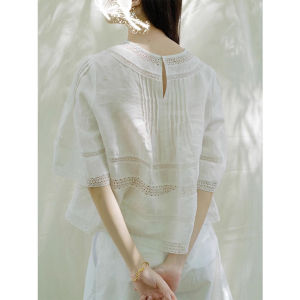 WANGGONGZHU | Elegant French Lace Short Sleeve Shirt Women Summer New Design Loose Slimming Top Korean Style Round Neck Regular Length