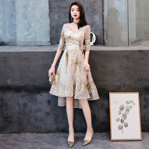 Gold Sequin Evening Dress Womens Mid-Length Slimming Elegant Ladys Gown for Wedding Party Performance Fashionable New 2025