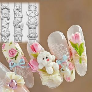 1PCS Cute Nail Silicone Mold Kitchen Cute Pet Bear Dog Cake Ice Cream Fork Spoon Dessert 3D Mold Nail DIY Decoration