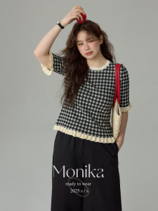 Slimming Plaid Peter Pan Collar Short Sleeve Knit T-Shirt Large Size