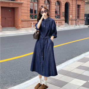 Loose Fit Korean Style Denim Shirt Dress Womens Autumn New Fashion Casual Long Sleeve Dark Blue Colorful Commute Dress