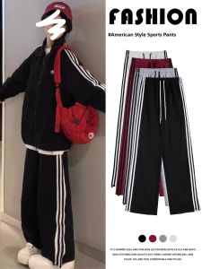Black American Style Sport Pants Womens Small Size Drapey Straight Stripe Casual Wide Leg Pants Autumn Leisure Trousers
