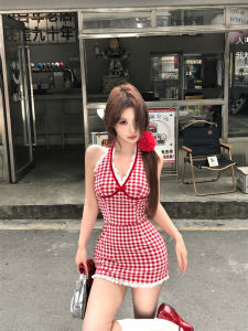 Mejiu Honey Nine Strawberry Girl Red Plaid Spicy Lace Dress Womens Spring Summer Hanging Neck Dress Sweet Style High Waist Short Skirt A-Line Skirt