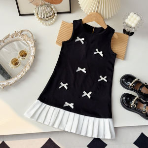 Bear Leader New Bow Dresses for Baby Girls Summer Korean Clothes Kids Sleeveless Pathwork Pleated Princess Dress 3 to 7 Years Childrens Fashion Clothing Casual Wear Outfits