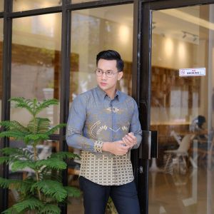 Kawung abu kemeja lengan panjang batik solo lapis furing