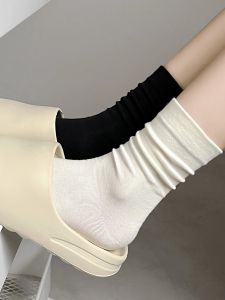 White Socks Womens Mid Tube Stockings Pure Cotton Ins Tide Spring & Fall Boneless Bunching Socks Summer Pure Color Loose Mouth Confinement Long Socks