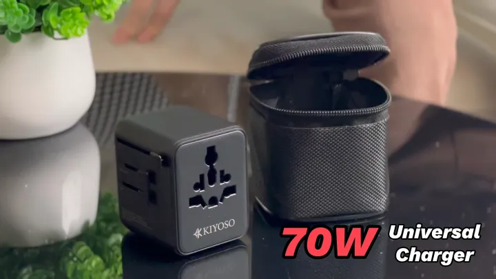 KIYOSO 70W International Travel Adapter Universal Plug 2500W 3 Type-C Fast Charging 2 USB Charger UK US China Japan Aus