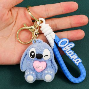 Kawaii Stitch Figure Keychain - Super Soft Disney Flocked Stitch Doll Snuggly Anime Keyring with Car Keyring Girl Birthday Gift