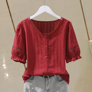 Lace Trim Cotton Blouse Puff Sleeve Shirt
