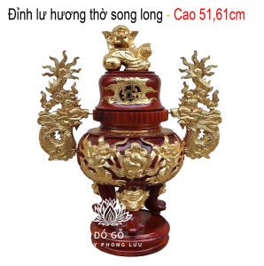 Lư đỉnh hương song long thồ gia tiên gỗ hương cao 5161cm