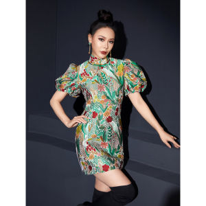 Original New Chinese Style Short Cheongsam Dress Handmade Embroidery Improved Button Design French Princess Sleeve for Girls