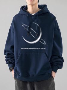 Pure Cotton Fleece Lined Hoodie Mens Loose Fit Trendy Streetwear Brand Casual Print Sweatshirt Autumn Winter Fashion Outerwear