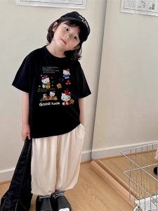 Girls Cotton T-shirt Hello Kitty Cartoon Print round Neck Short Sleeve Breathable Summer Childrens Clothing Kids Tops