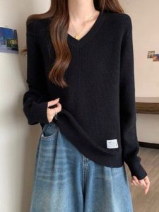 Áo Len Dệt Kim Cổ Chữ V Dáng Rộng Thoải Mái Cho Nữ Mùa Thu Đông Màu Trơn Dài Tay Áo Lót Cơ Bản Cỡ Lớn Cho Phụ Nữ Từ 80-200 Pound