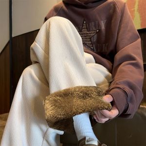 Quần Nhung Kẻ Lót Lông Cừu Dày Phong Cách Mỹ Thường Ngày Mùa Thu Đông Rộng Rãi Quần Dài Ống Rộng Quần Dài Thẳng