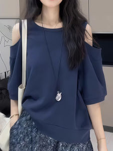 BINKAFENNY | เสื้อยืดแขนสั้นสีน้ำเงินเข้มแขนกุดสำหรับผู้หญิงไซส์ใหญ่ในช่วงฤดูร้อน เสื้อผ้าทำงานสไตล์เกาหลีหลวมๆ ปกปิดหน้าท้อง