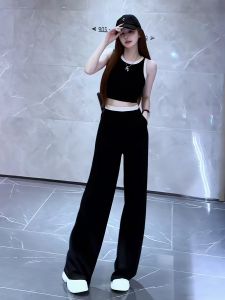Summer New Color Block Sport Two-Piece Set Womens Simple Slim Fit Inner Short Vest High Waist Casual Wide Leg Long Pants