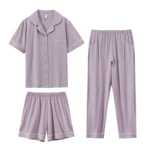 MiiOW | ชุดนอนผ้าฝ้ายแท้สำหรับผู้หญิงในช่วงฤดูร้อน ชุดสามชิ้น แขนสั้น กางเกงขาสั้น ชุดอยู่บ้าน ป้องกันแบคทีเรีย ใส่สบาย ระบายอากาศได้ดี