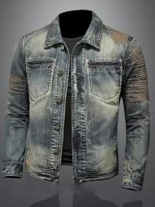Retro Distressed Motorcycle Denim Jacket Mens Slim Fit Trendy Cool Workwear Jacket Spring Autumn Top Youth Long Sleeve