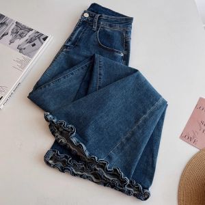 PAIBOLI | Elastic Loose Flared Vintage Lace Denim Pants Large Size