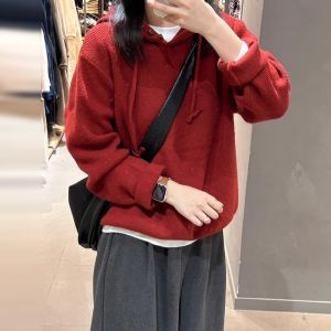 Christmas New Year Red Hooded Sweater Womens Autumn Winter New Style Outerwear Innerwear Base Knitted Shirt Warm Thickened