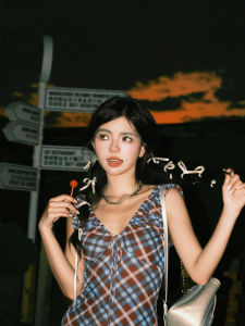 Váy Ngắn Chữ a Cạp Cao Không Tay Kẻ Caro Cổ Chữ V Mùa Hè Cho Nữ Váy Công Sở Thường Ngày Không Tay Ngắn Cho Nữ