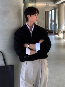 Korean Style Cleanfit Half Zip Knitted Loose Mens Polo Neck Sweater Spring Autumn Casual Fashionable Long Sleeve Pure Color