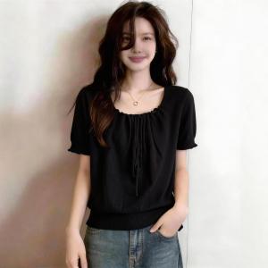 French Square Collar Short Sleeve Iced Silk T-Shirt