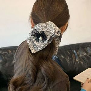 Kiểu Pháp ngọc trai pha ren nơ hoa vuông scrunchies phụ nữ cao cấp đầu hoa phía sau đầu ponytai dây buộc tóc nhẹ nhàng dây buộc tóc