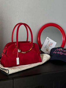 Red Suede Wedding Bag Womens Tote Bag Casual Simple Style Lockable Single Shoulder Handbag Soft Leather Handle for Daily Use