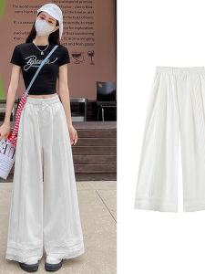 WANGGONGZHU | High Waist Lace Embroidery Wide Leg Pants Women Summer New Sweet Flounce Slim Straight Casual Trousers Princess Style