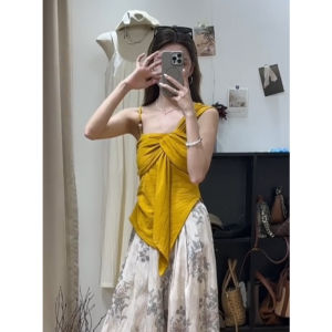 YUEZHONGWEI | Yellow Asymmetrical Knot Strap Vest Women Summer Outdoor Unique Attractive Dopaamine Sleeveless Top Commute Style Slim Fit