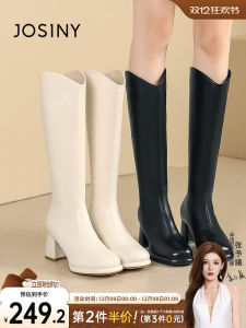 Josiny Womens High Heel Long Boots Winter 2023 New Fleece Lined Slimming Boot Not Knee High Thick Heel Long Boots Casual Style